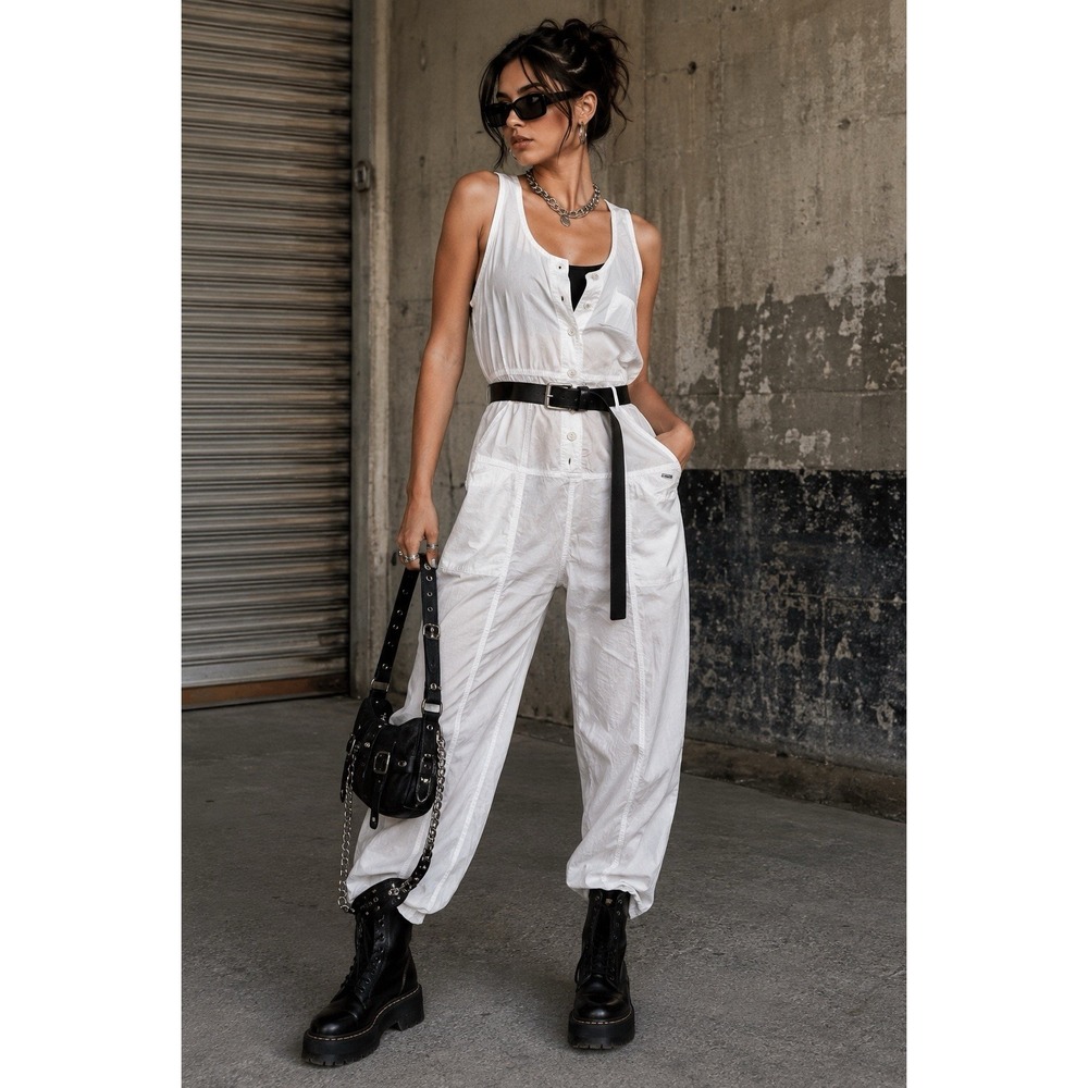 Vintage Georges Marciano GUESS 90s White Sheer Utility Jumpsuit Cargo Mechanic